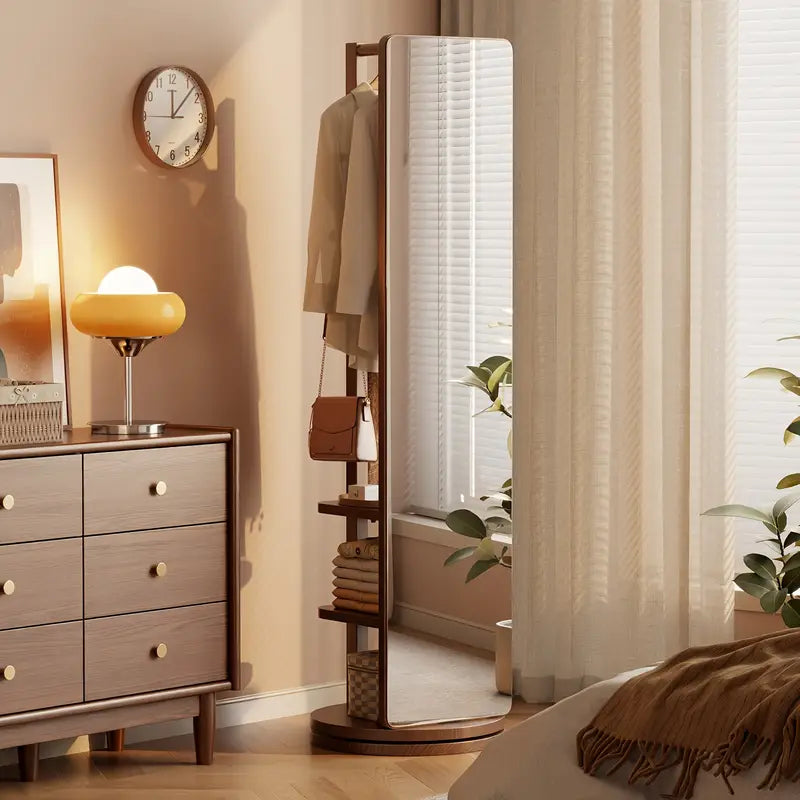 D✨ Specchio da Terra in Legno Massiccio – Girevole con Appendiabiti! 🪞