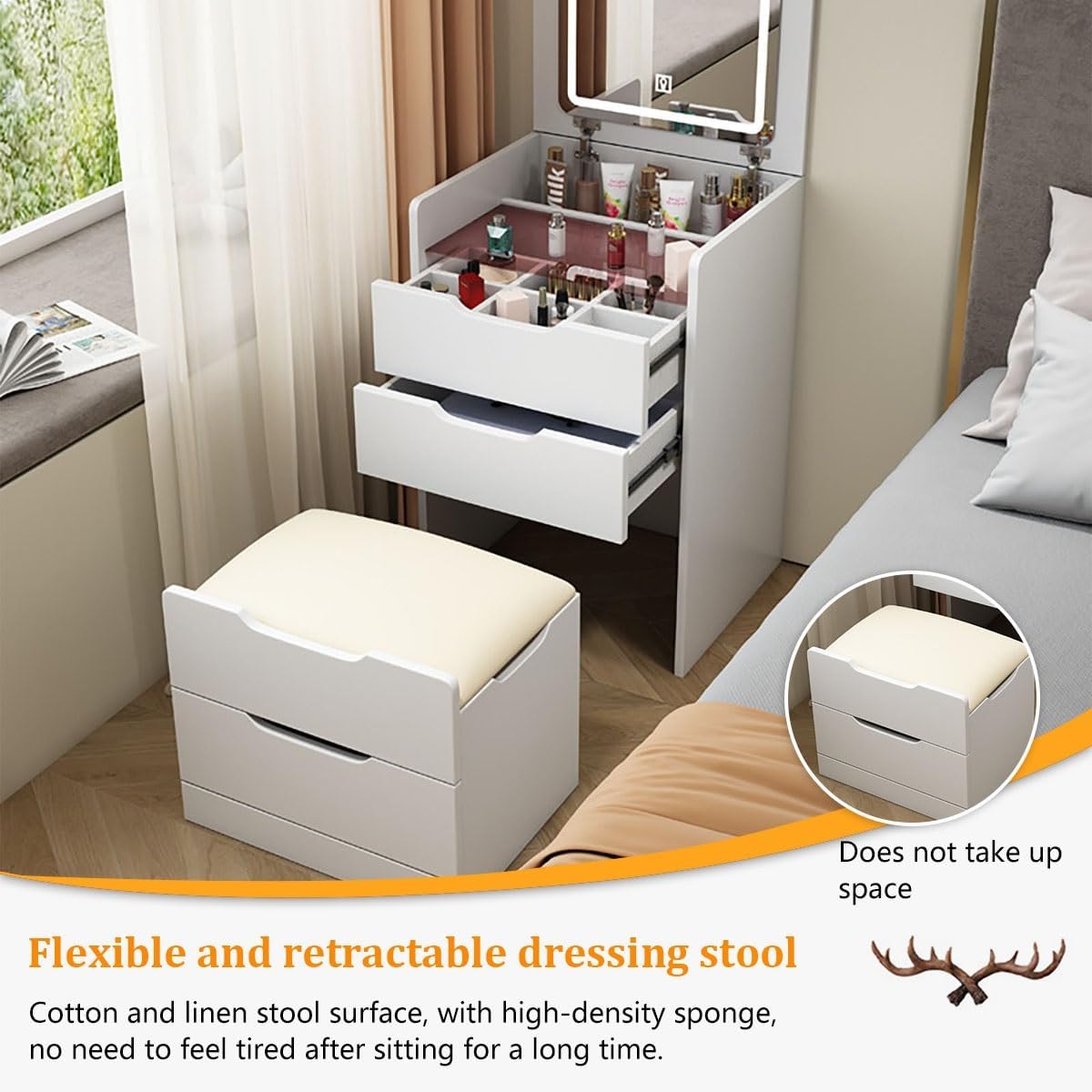 Toeletta 3-in-1 Salvaspazio con Specchio LED a Ribalta