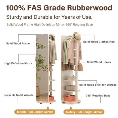 D✨ Specchio da Terra in Legno Massiccio – Girevole con Appendiabiti! 🪞