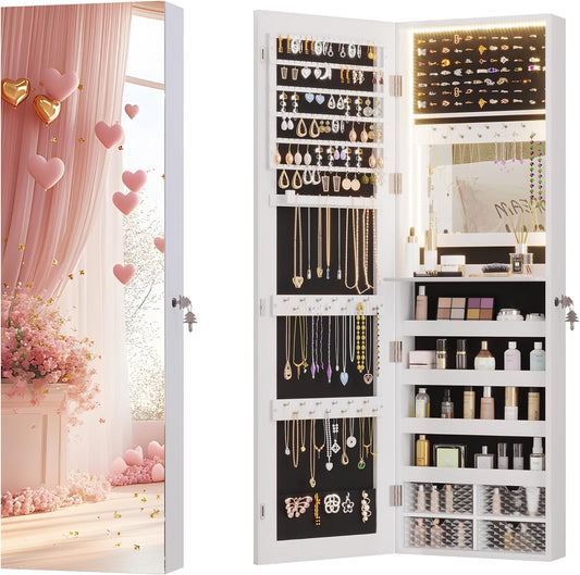 Vlsrka LED Armadio Specchio gioielli, organizzatore di armadietti per gioielli montati a parete/sportello con specchio a tutta lunghezza, grande armadio a sospensione per la conservazione, Bianco