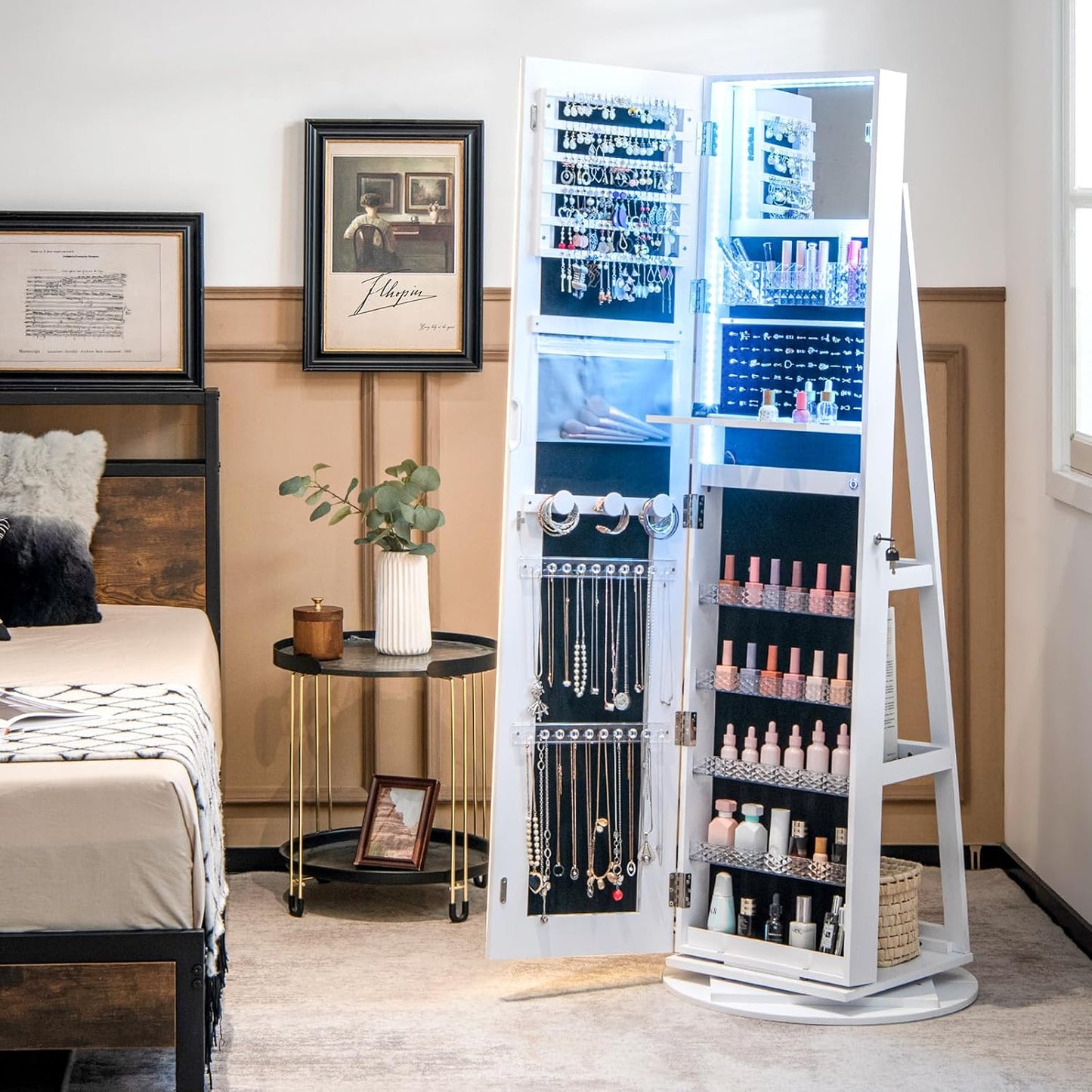 DArmadio portagioie con specchio a figura intera e luci LED regolabili