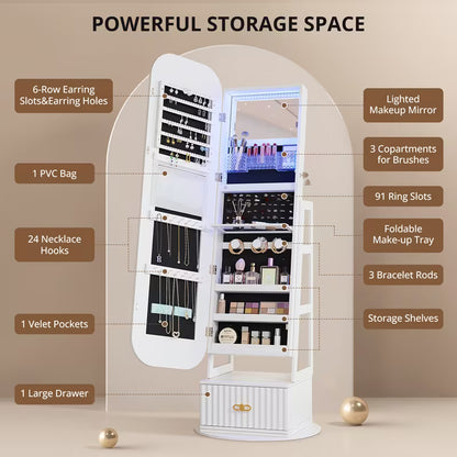 Armadio Gioielli 360° Vintage con Specchio e Luci LED